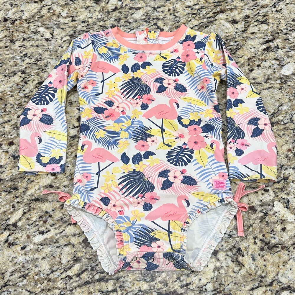 Ruffle Butts 3T one piece swimsuit: flamingo & flowers